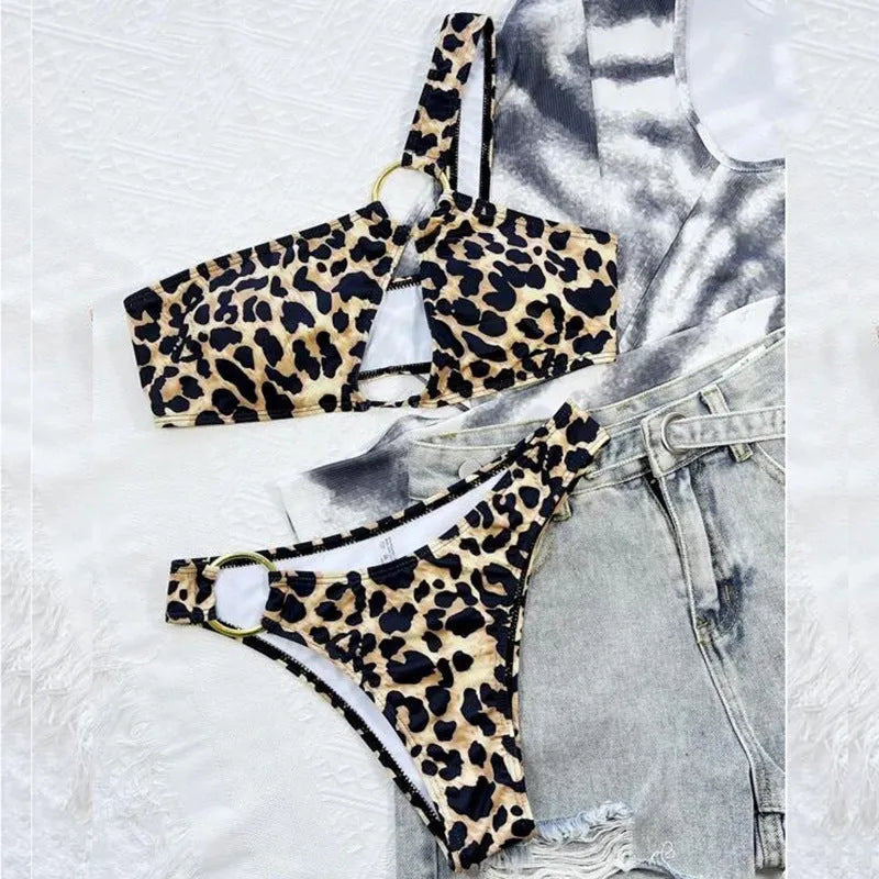 Women's leopard print bikini set with hollow out design and polka dot pattern