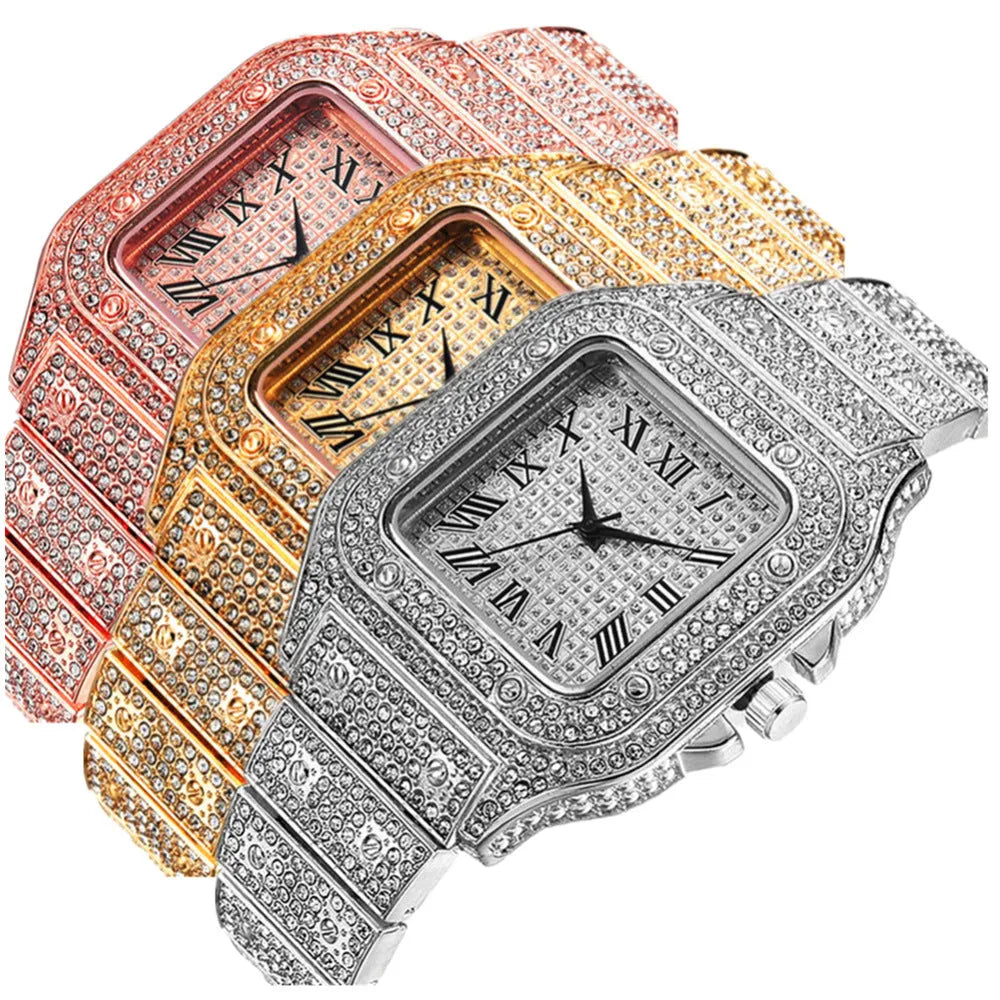 Roman grain graduation quartz watch set with black mesh band, square diamond-studded dial, matching bracelet and necklace