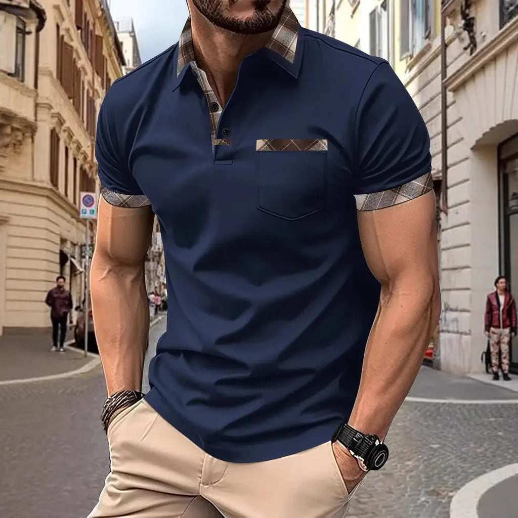 Men's short sleeve plaid colourblock T-shirt with zipper decorations in multiple colour options