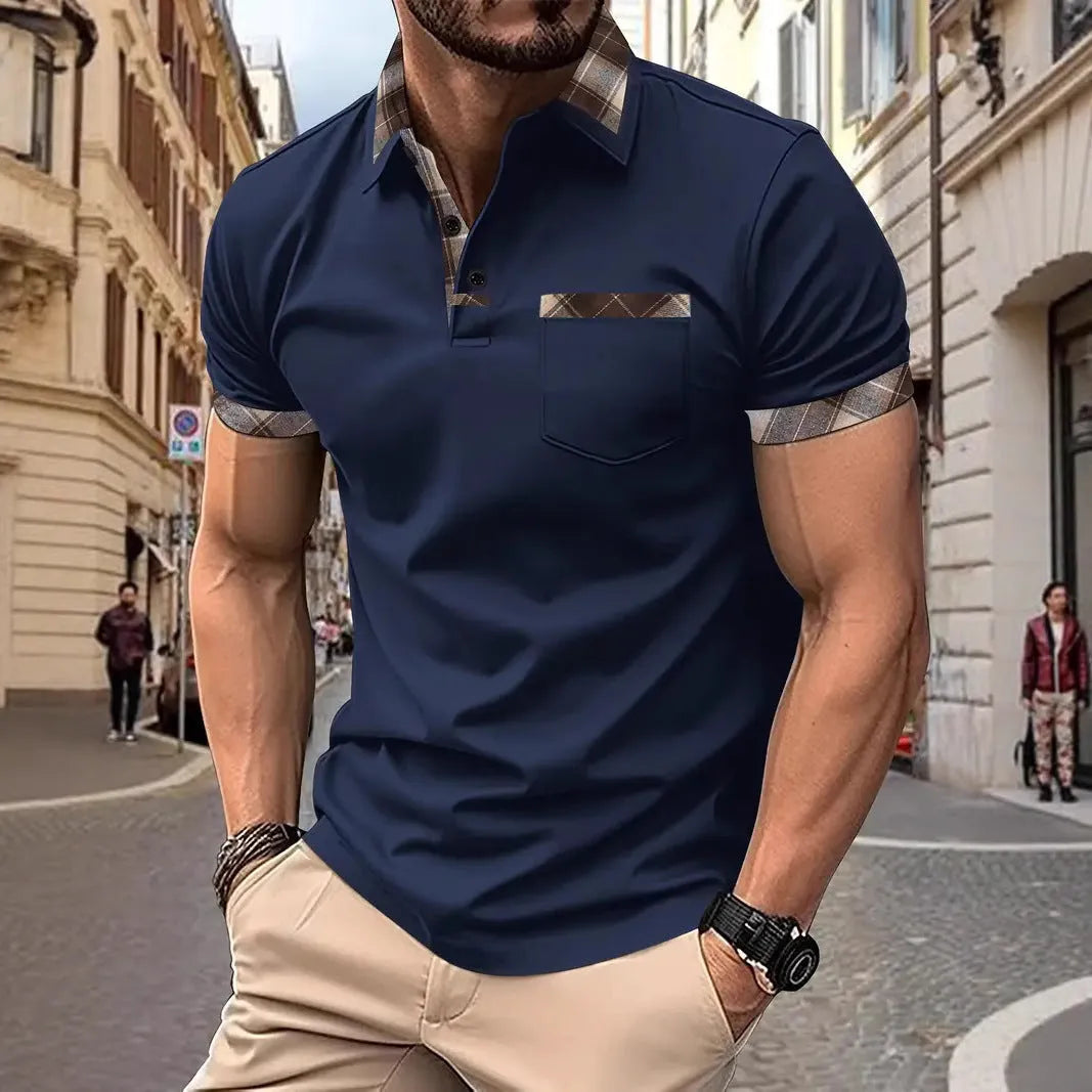 Men's short sleeve plaid colourblock T-shirt with zipper decorations in multiple colour options