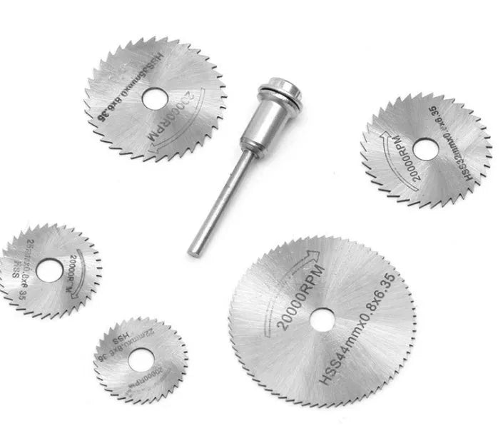 Six circular saw blades with mandrel, diameters from 10mm to 25mm, high-speed steel construction