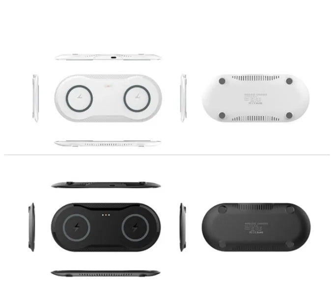 Black and white dual 10W wireless charger charging two phones simultaneously on silicone anti-slip base