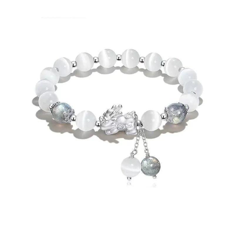Natural black agate crystal couple bracelet with 10mm wave-shaped beads in grey tones