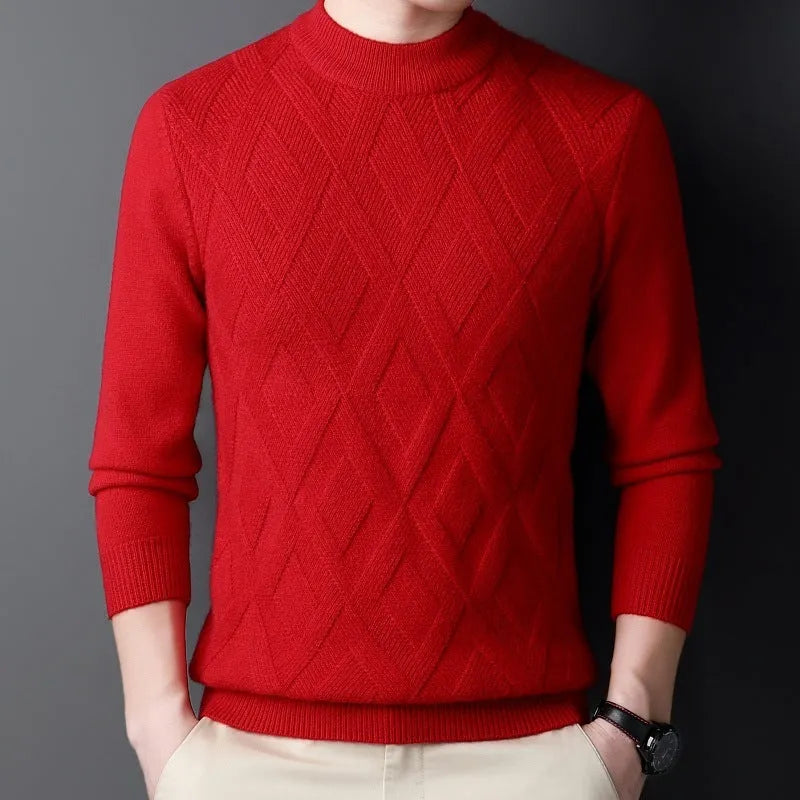 Men's winter sweater in diamond jacquard craft, available in light camel and other colours, with size options from 165 to 190 yards.