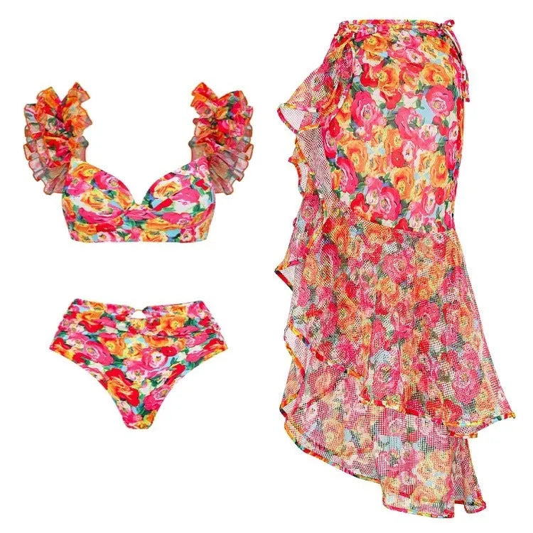 Floral patterned high waist bikini swimsuit with push up top on a mannequin.