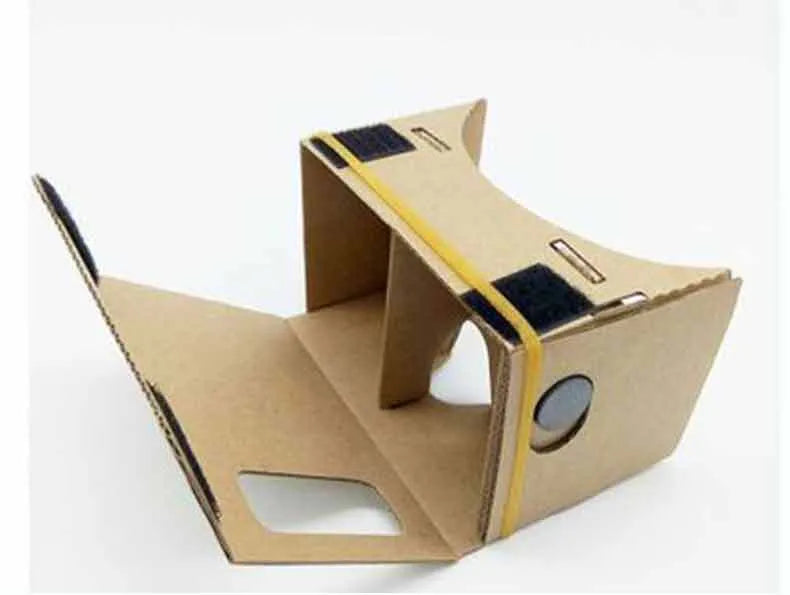 VR Cardboard Glasses showing cardboard frame with 3D lenses, adjustable rubber band, and velcro strap for smartphone virtual reality