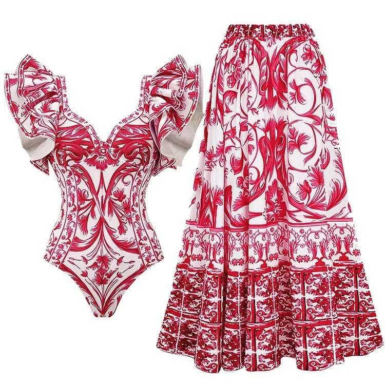 Women's printed one-piece swimsuit in rose pink with 95% polyester lining, sizes S to XL