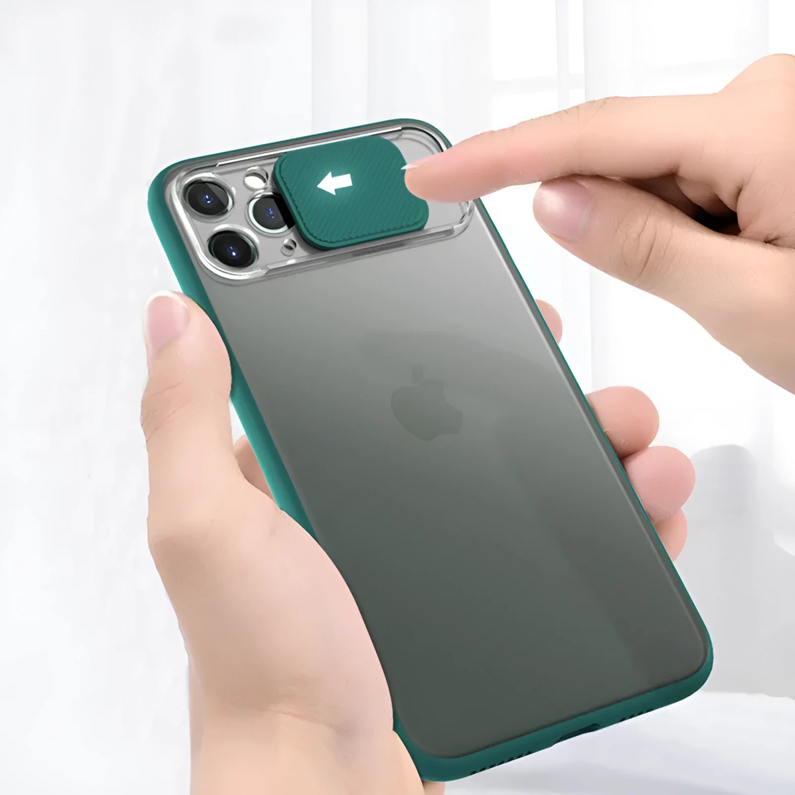 Lens sliding iPhone case in a contrasting colour with the rear camera cover open.