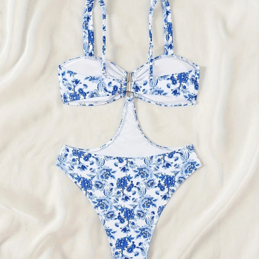 Girls blue and white porcelain floral print one-piece swimsuit in polyester, sizes S M L