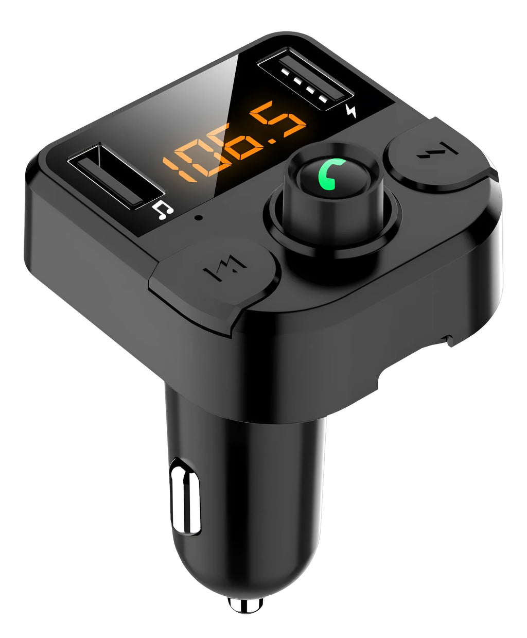 Black BT36B Bluetooth car MP3 player with FM transmitter and 1.1-inch display, connected to a car cigarette lighter.