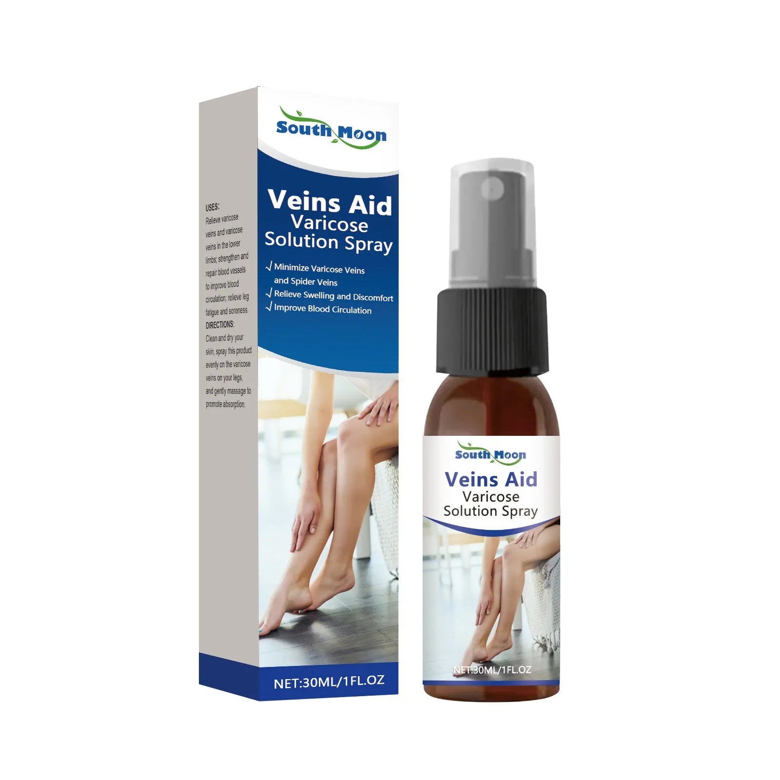 30ml bottle of leg care spray with menthol and ginger extract for massage
