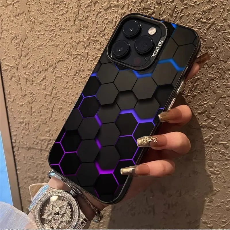 Frosted protective phone case for Apple iPhone with honeycomb square pattern in Moonlight Black.