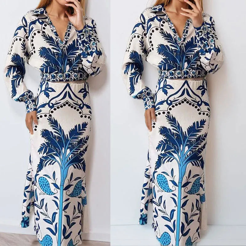 Flower Early Spring Casual Fashion Set with long sleeves and skirt in picture colour, sizes S to 3XL