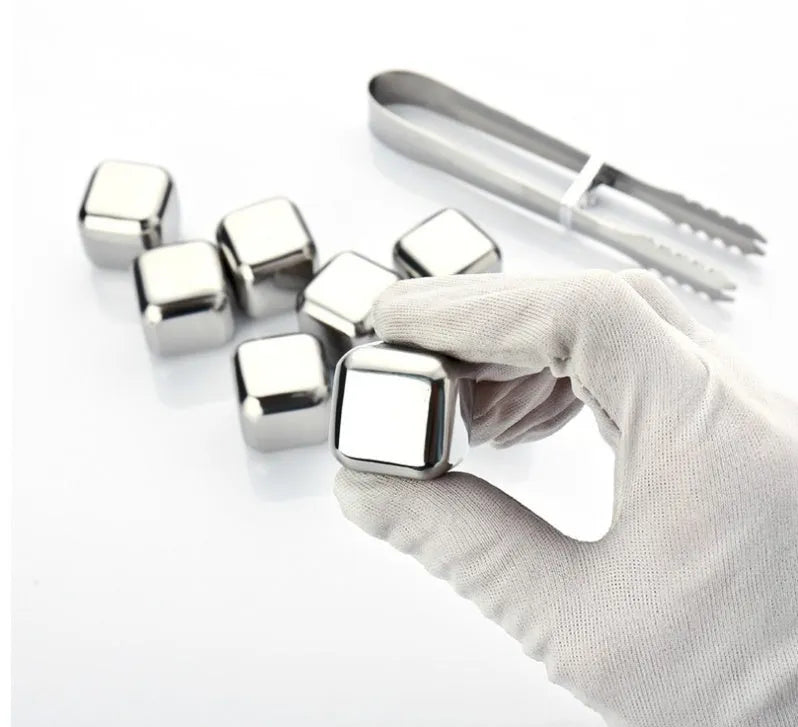 Stainless steel whiskey chilling stones in cube, ball, diamond, and heart shapes with clip