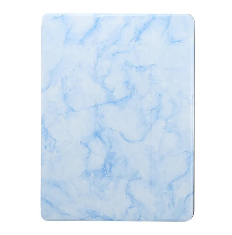 Tri-fold marbling iPad case in dark grey with integrated pen slot for Apple Pencil, showing shockproof imitation leather housing