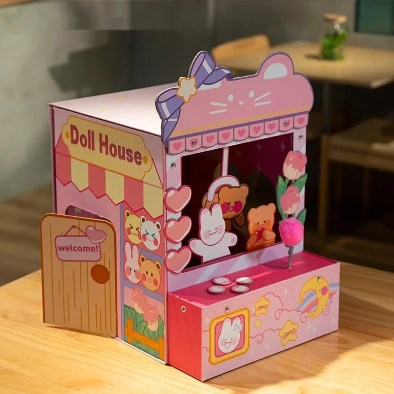 Pink three-in-one tulip clip cat nest crane machine, 35 x 34.5 x 53.5cm, Japanese-style cat villa in grey board and corrugated paper