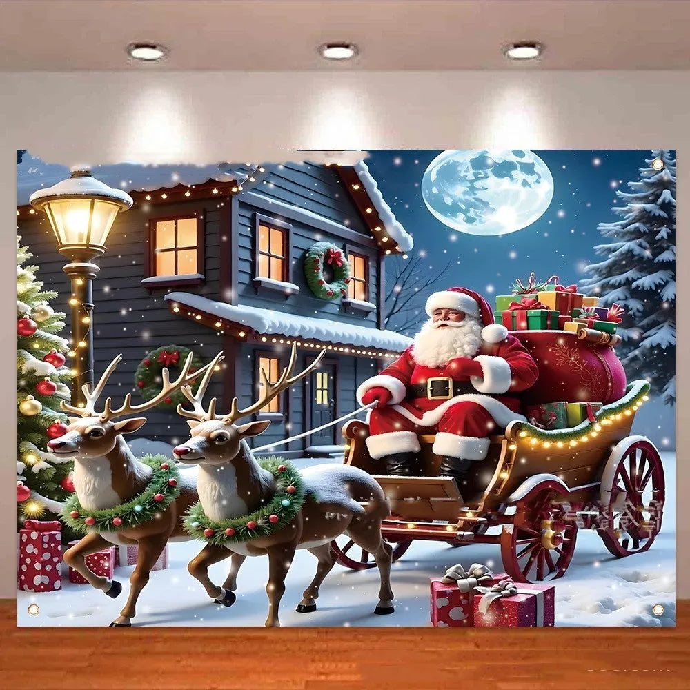 Red Christmas banner with Santa Claus design measuring 210 by 150 centimetres