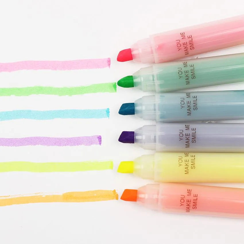 Set of six plastic oblique highlighter pens with assorted fluorescent ink colours