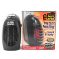 Black compact electric heater with digital display and rotating plug on a desk