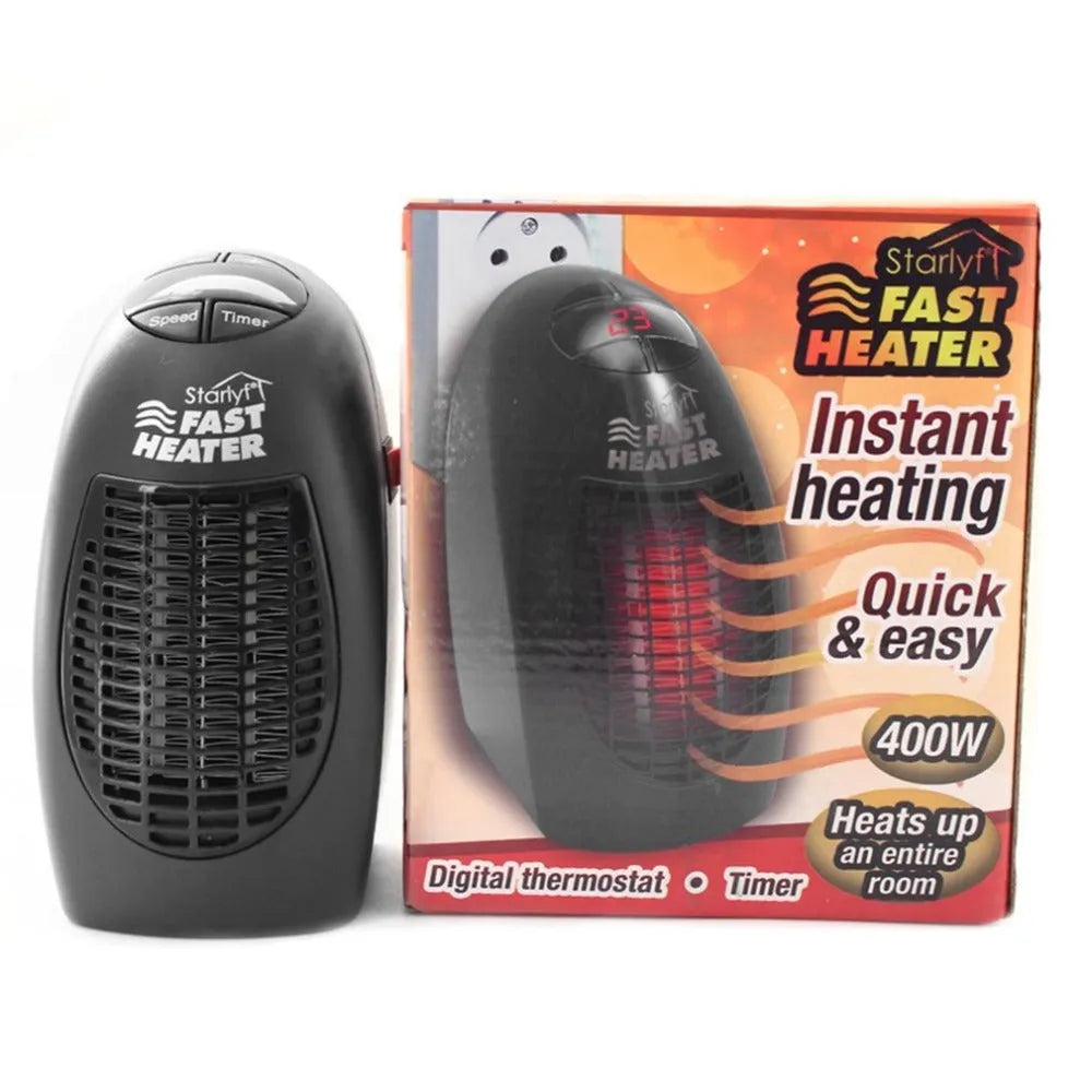 Black compact electric heater with digital display and rotating plug on a desk