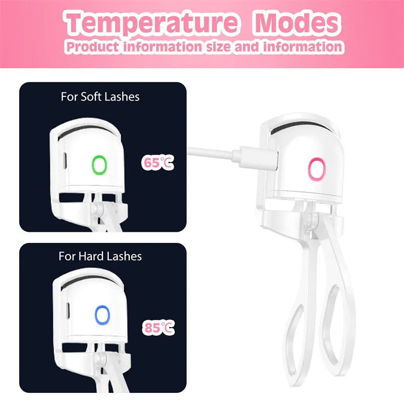Pink and white USB rechargeable heated eyelash curler with dual temperature settings.