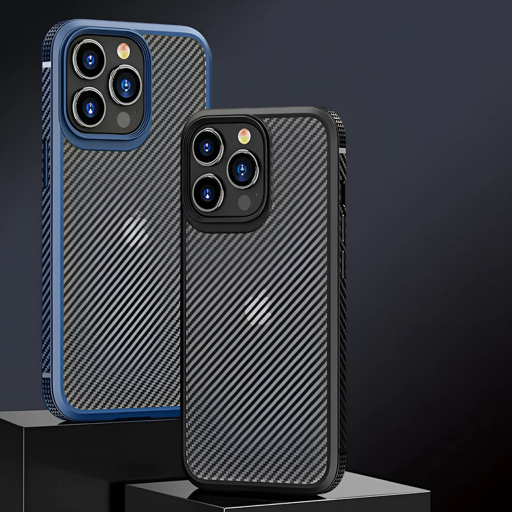 Black iPhone 13 protective case with carbon fibre pattern showing back and side view.