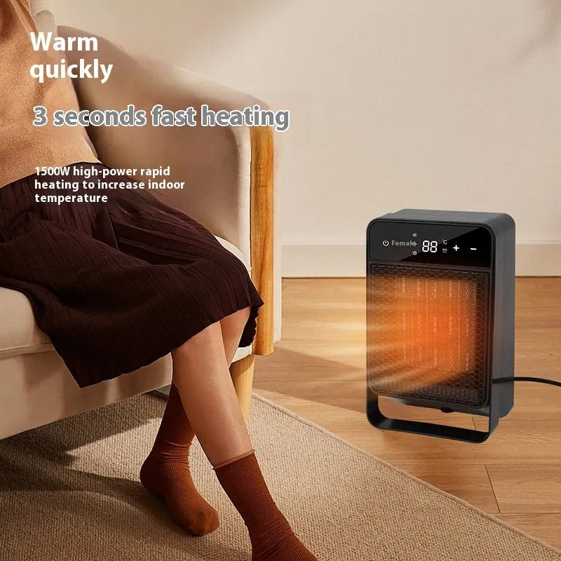 Black desktop warm air blower with touch screen display and remote control on wooden desk