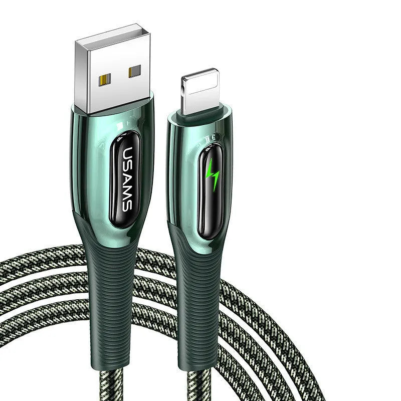 Braided Lightning charging cable with zinc alloy connectors in black or dark green