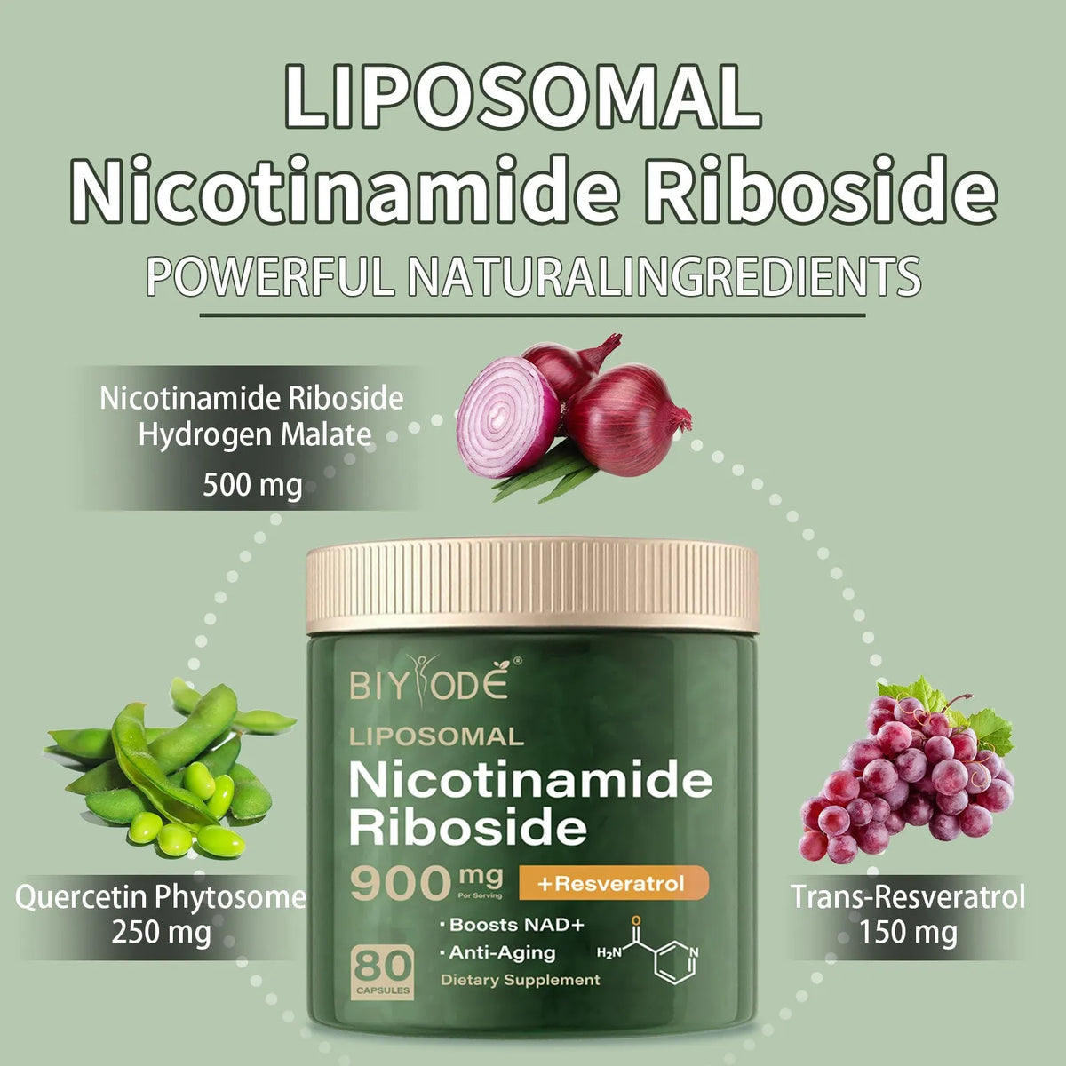 Nicotinamide riboside capsules bottle, 80 capsules, adult NAD supplement, OEM ODM custom label