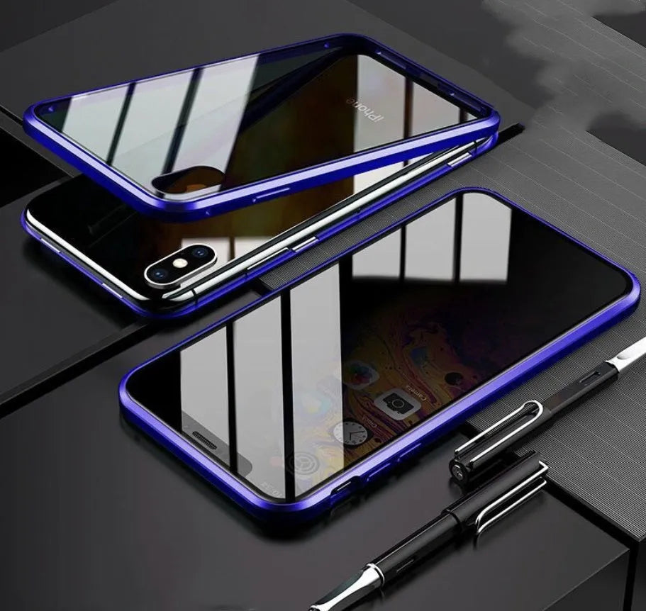 Anti-spy phone case in clamshell design with geometric pattern, available in multiple colours for iPhone