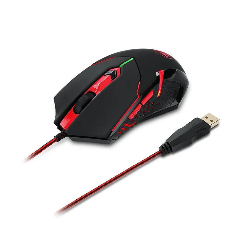Black and red wired USB ergonomic gaming mouse on a desk.