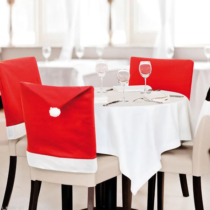 Christmas chair covers with Santa Claus, Snowman, and Santa hat designs on dining chairs, hypoallergenic fabric