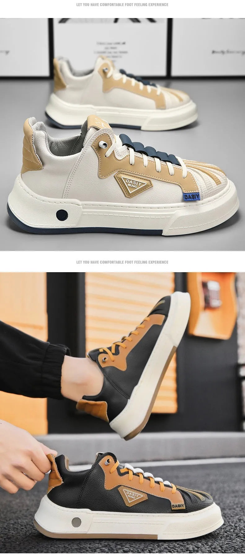 Men's beige low-top sneakers with elastic band closure and microfiber upper for casual wear.