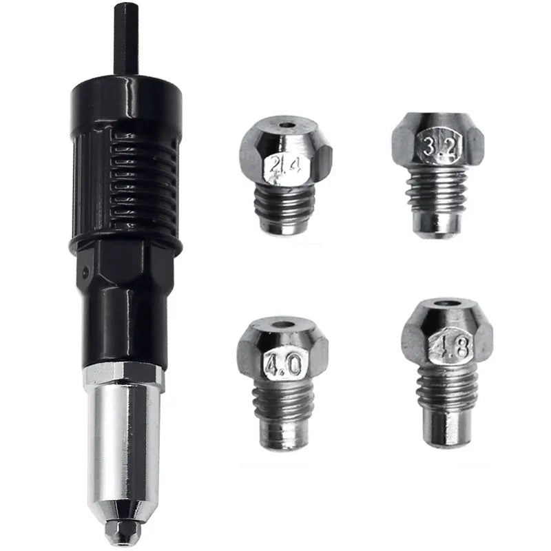 Black electric drill rivet gun with 173mm alloy steel head and adapter for fast transformation