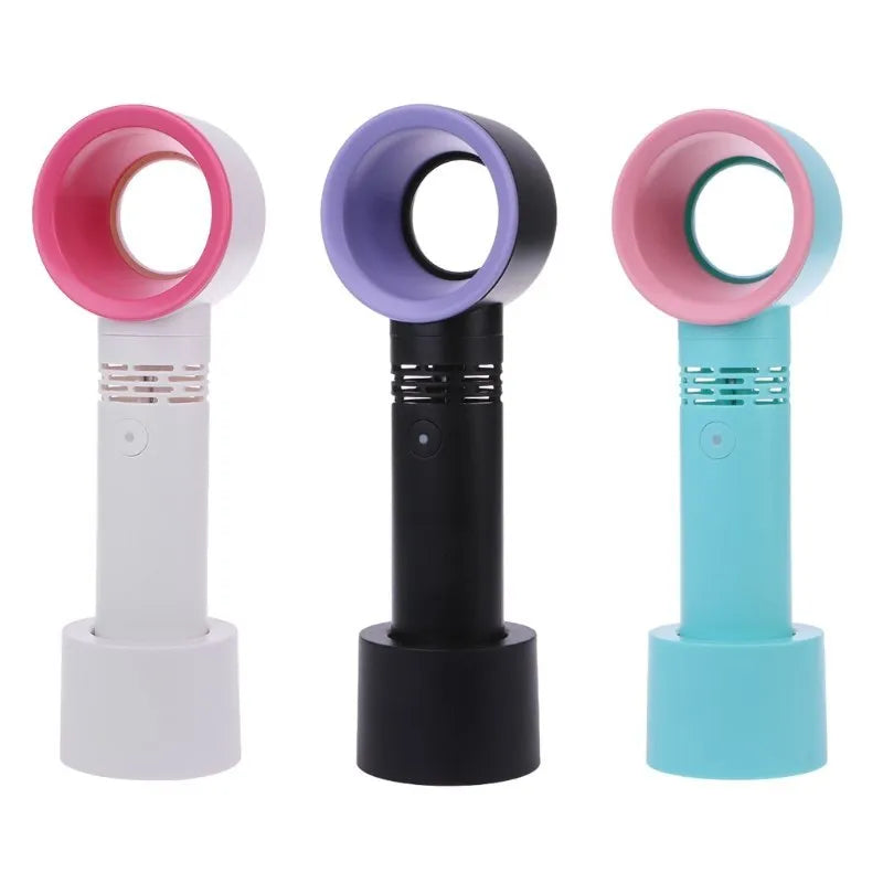 Portable bladeless fan in choice of colours with USB cable and base, showing no visible blades.