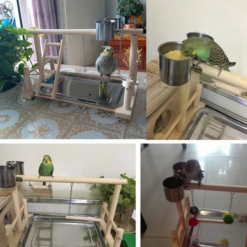 Wooden small cockatiel floor parrot standing stand, 53 x 23 x 36cm, with ladder and stainless steel tray