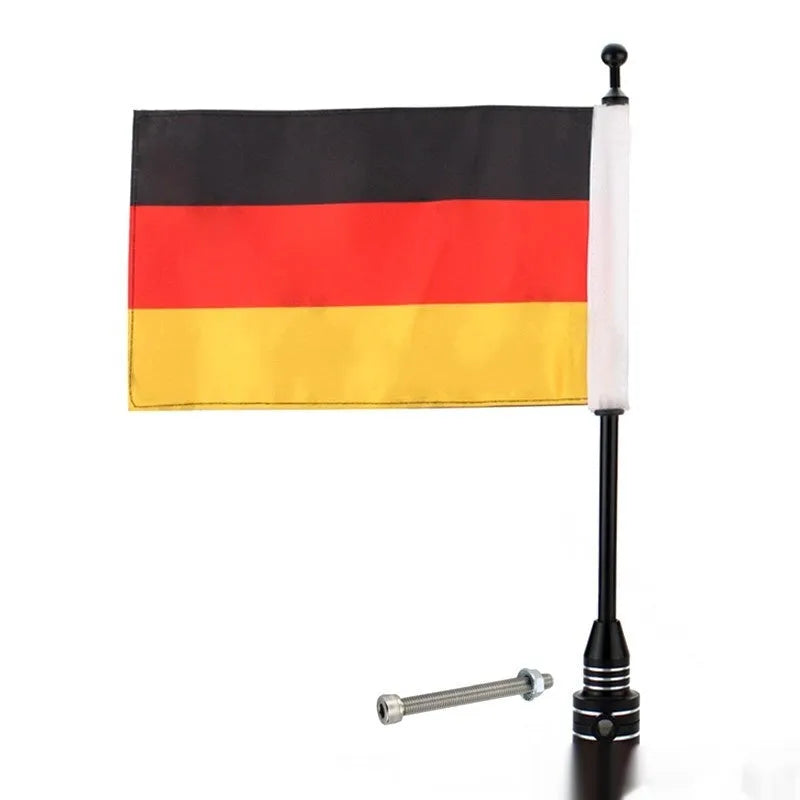 Aluminium alloy flagpole mount for motorcycle luggage rack in black and silver finishes.