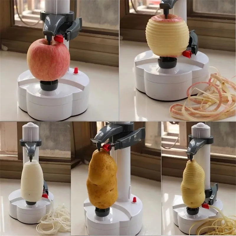 White electric apple peeler machine with stainless steel blade on kitchen worktop
