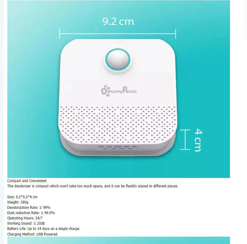 White DownyPaws smart cat odour purifier with 4000mAh battery, dimensions 9.2cm by 9.2cm by 4cm