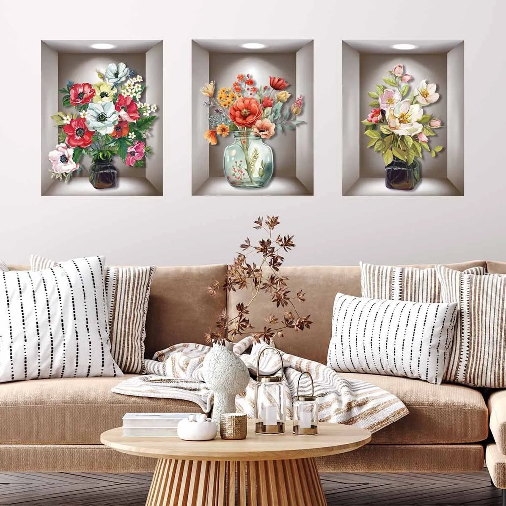 3D vase plant wall sticker, PVC plane wall decal with plants and flowers pattern, 30x45cm 3 sheets