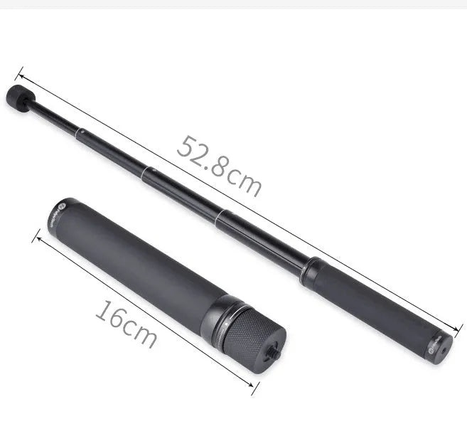 Black retractable selfie stick extended to full 100cm length with phone attached and Bluetooth remote control