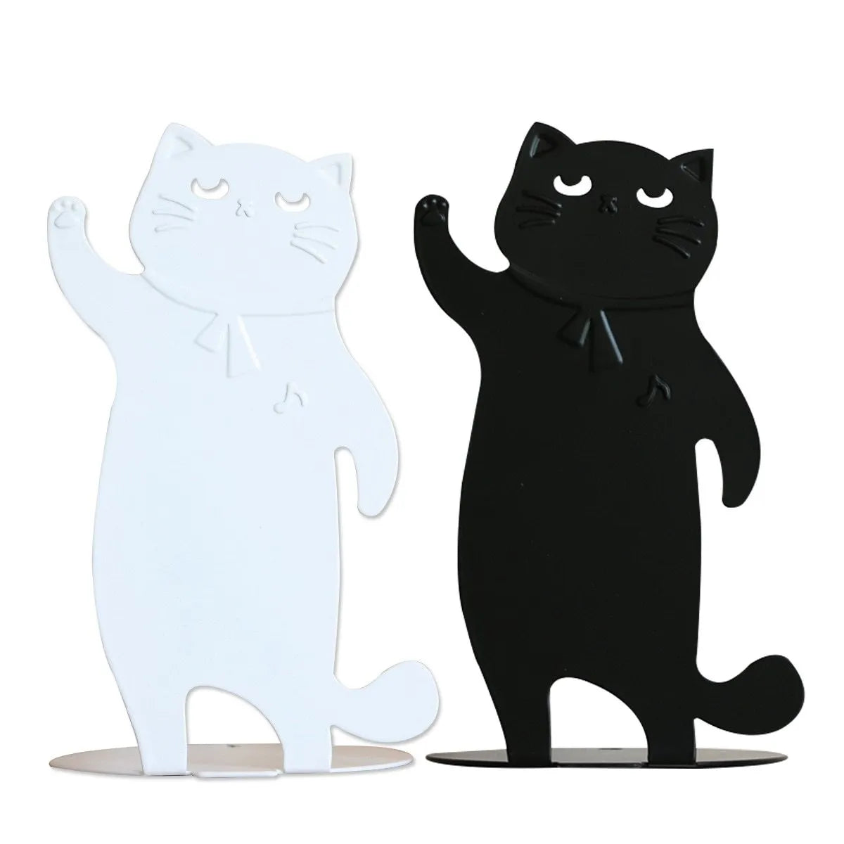 Cartoon cute music cat iron desktop book stand in black or white, 2-piece pack