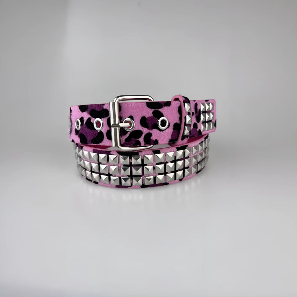 Women's brown leopard print belt with silver metal rivets and pin buckle fastening