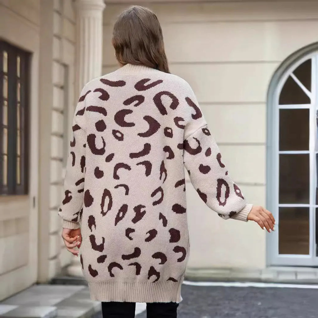 Women's apricot mid-length leopard print cardigan coat, loose fit, button front, long sleeves, 65cm length, polyester