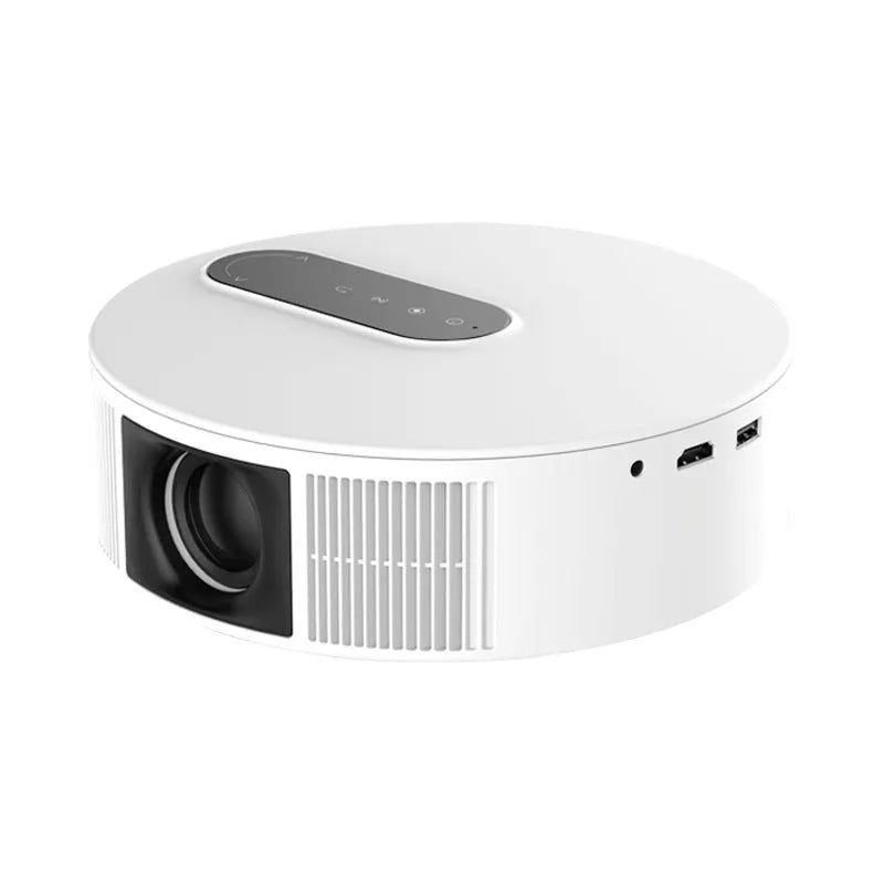 White HD home theatre projector with remote control on table, showing 720p resolution and 200LM brightness for bedroom viewing