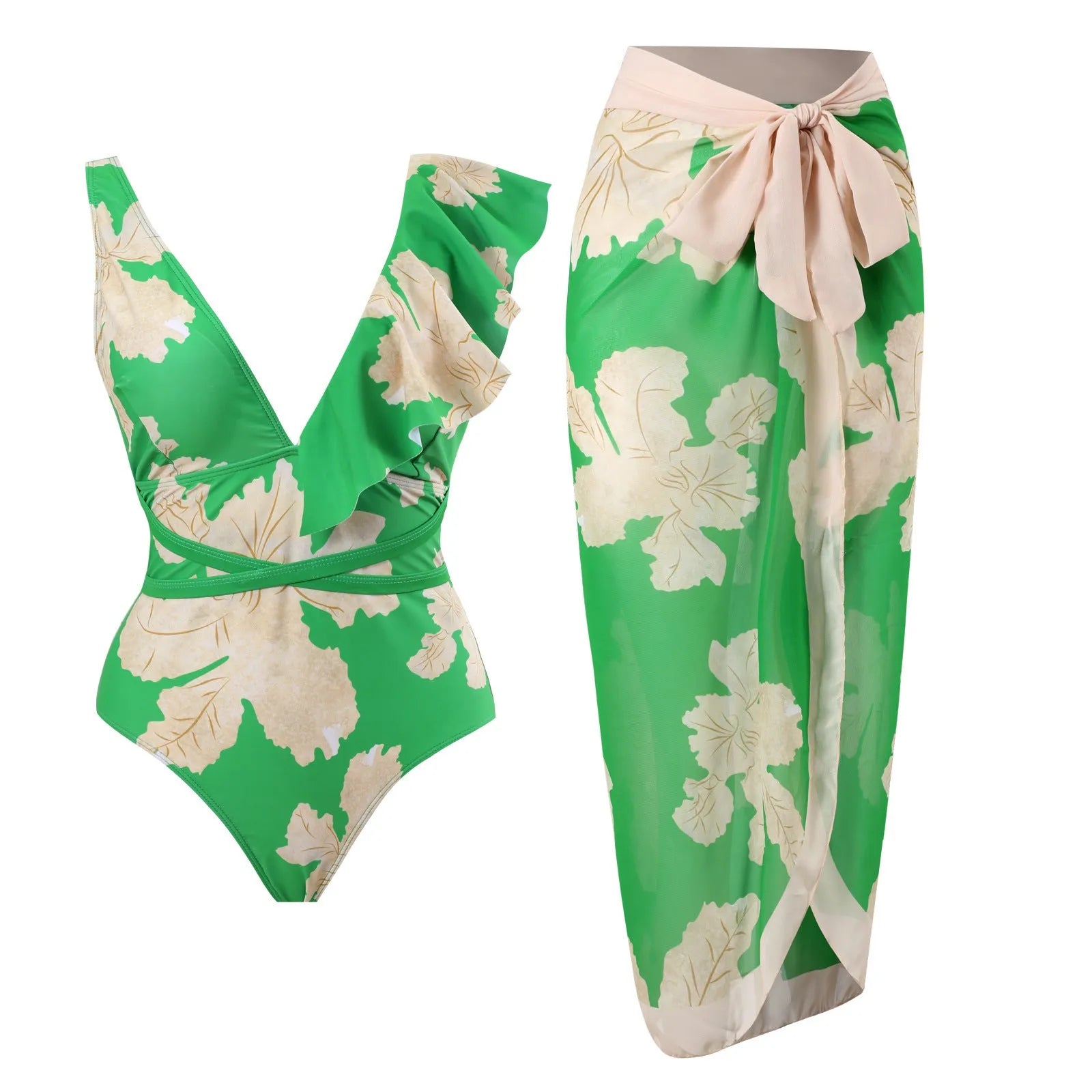 Li Ning women's retro one-piece bikini swimsuit set in polyester, shown in a green colour option.