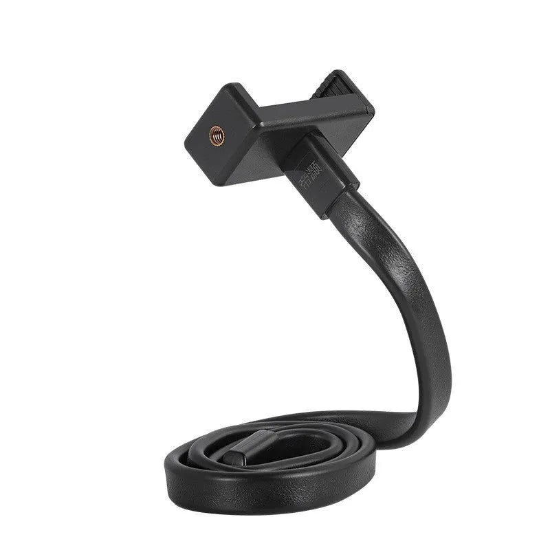 Flexible silicone and aluminium adjustable hose phone holder bent into an S-shape with smartphone attached.