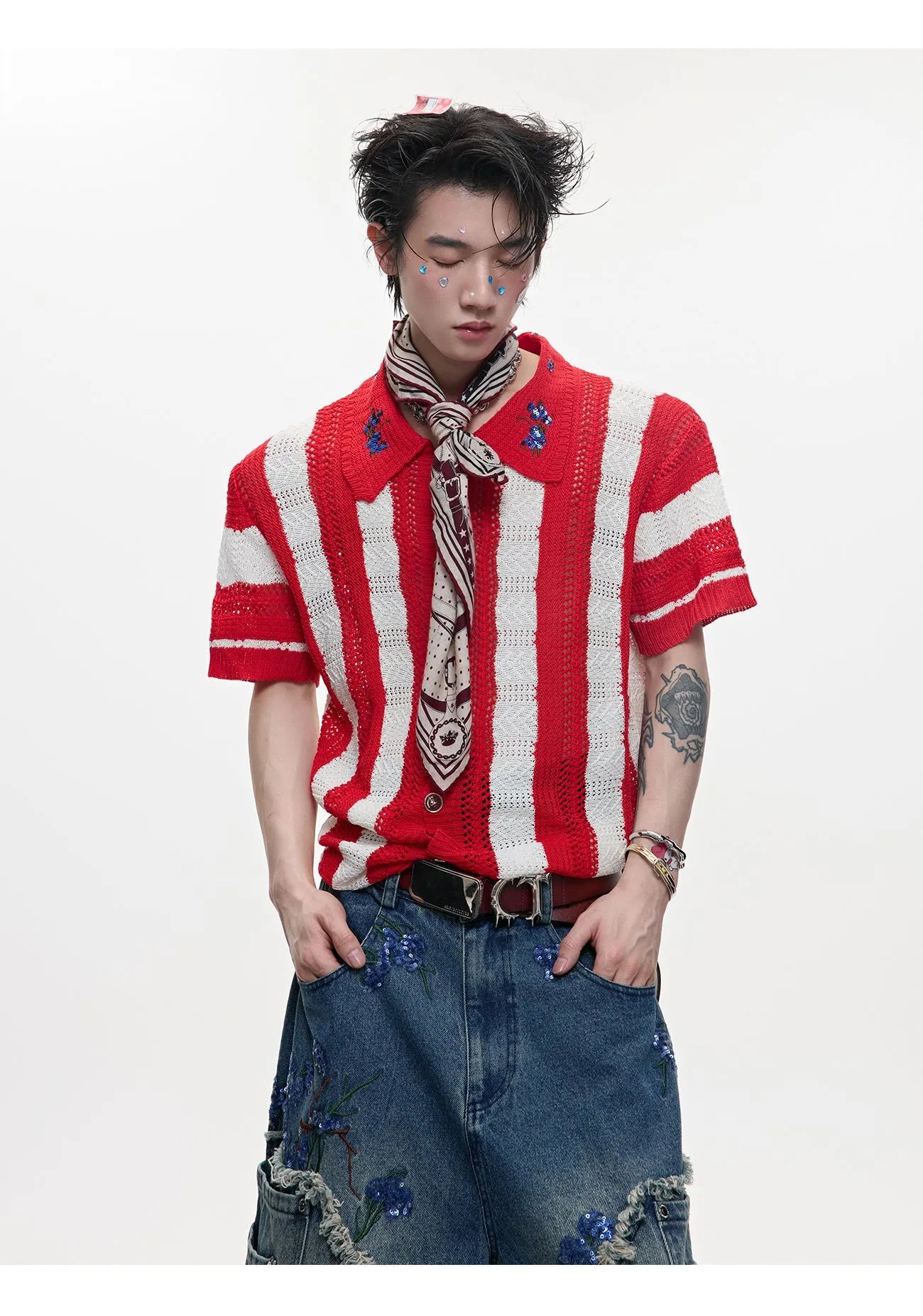 Men's black and red patchwork striped retro knit short sleeved shirt with loose fit