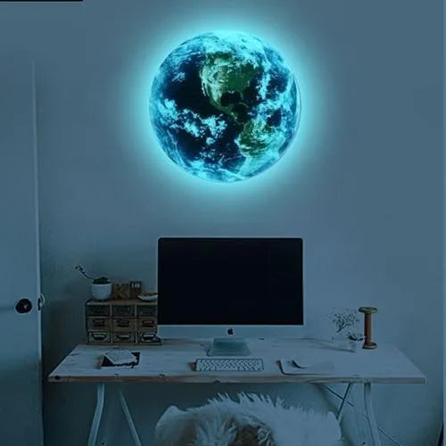Glow in the dark 3D Earth wall sticker with self-adhesive backing, showing luminous effect in darkness