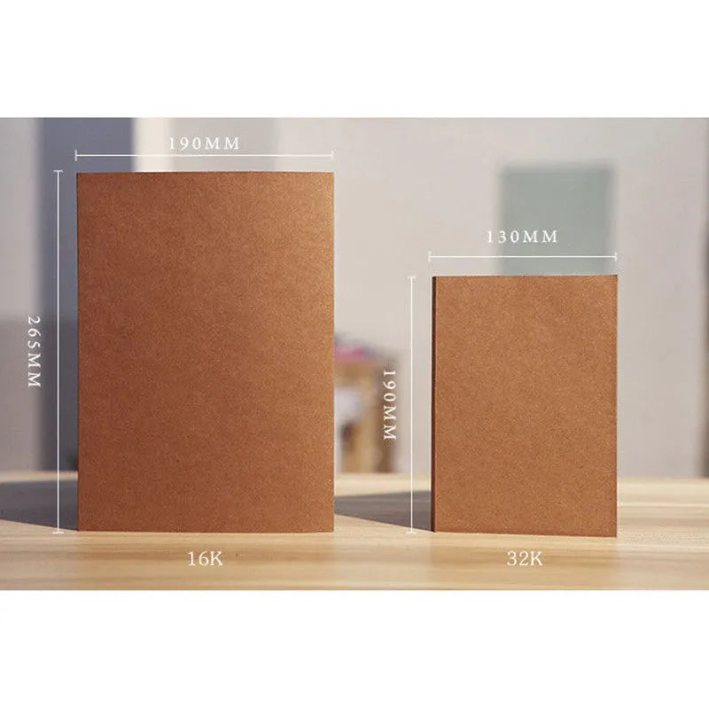 Brown kraft paper sketchbook and white paper sketchbook in 16K and 32K sizes, showing flat wireless binding.